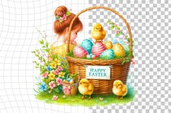 Girl and Easter Basket-Watercolor Clipart PNG Design Product Image 1