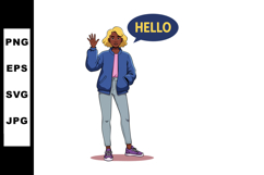 Young woman waving hand greeting with hello speech bubble ca Product Image 1