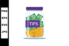 Tips jar filled with coins and dollar bills money saving ill Product Image 1