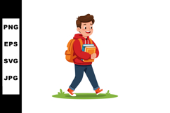 Young boy walking with backpack and books cheerful student i Product Image 1