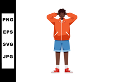 Young man standing relaxed with orange jacket and blue short Product Image 1