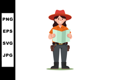 Female explorer holding map wearing red hat and orange shirt Product Image 1
