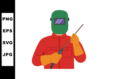 Welder in Protective Green Helmet and Red Coat Holding Weldi Product Image 1