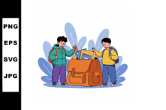 Two boys with backpacks and school supplies around large bag Product Image 1