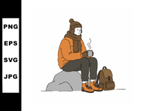 Person Sitting on Rock Wearing Winter Clothes Drinking Hot B Product Image 1