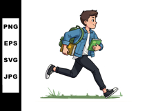 Boy Running with Backpack and Books in Casual Clothes Active Product Image 1