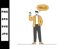 Man Wearing Orange Jacket Greeting with Hand Wave and Speech Product Image 1