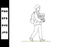 Student carrying stack of books with backpack walking on gra Product Image 1