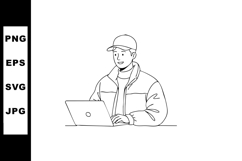 Young man working on laptop vector line art illustration in Product Image 1