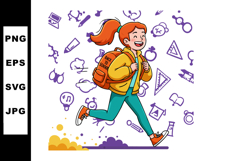 Happy schoolgirl running with backpack cartoon vector illust Product Image 1