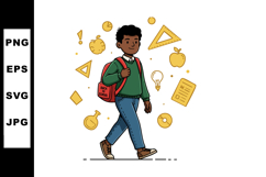 Schoolboy Walking with Backpack and Educational Icons Around Product Image 1