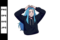 Young person with blue hair in black hoodie showing anxious Product Image 1