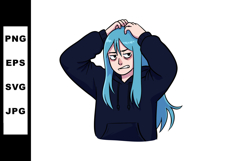 Young woman with blue hair scratching head in black hoodie d Product Image 1