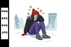 Woman sitting on snow wearing red hat black jacket purple pa Product Image 1