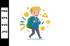 Boy with backpack walking to school surrounded by school sup Product Image 1