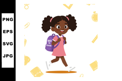 Girl walking to school with purple backpack and pink dress c Product Image 1