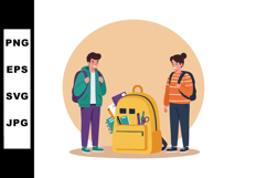 Two students standing with yellow backpack filled with schoo Product Image 1