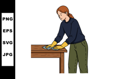 Woman cleaning wooden table with yellow gloves in casual blu Product Image 1