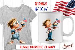 4th of July clipart patriotic boy with cupcake and USA flag Product Image 1