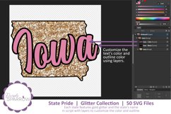 Use the clearly marked layers to change the text color and outline color. Iowa shown here with pink lettering.