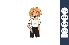 Young woman with curly blonde hair wearing casual white t-sh Product Image 1
