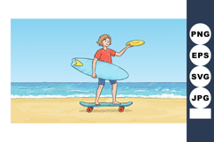 Boy holding surfboard and frisbee on skateboard at beach sum Product Image 1