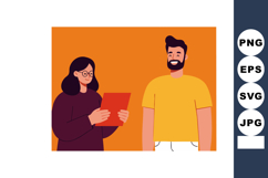 Two people smiling and interacting with orange and yellow cl Product Image 1