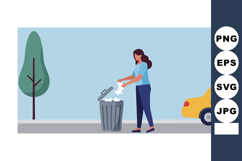 Woman throwing trash in urban street with tree and yellow ta Product Image 1