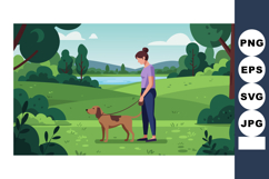 Woman walking dog in green park near lake landscape vector i Product Image 1