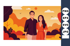 Couple enjoying autumn landscape with sunset and colorful tr Product Image 1