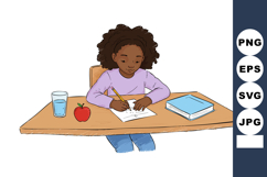 Child focused on homework writing at desk with apple and gla Product Image 1