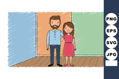 Couple holding hands in colorful room with blue orange and g Product Image 1