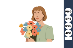 Woman Holding Colorful Bouquet of Flowers in Green Dress Vec Product Image 1