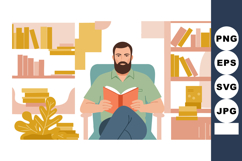 Man sitting in armchair reading book surrounded by bookshelv Product Image 1