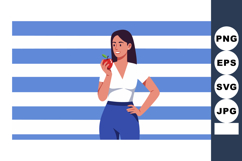 Woman holding red apple in front of blue striped background Product Image 1