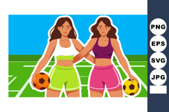 Two female athletes holding soccer balls on field with brigh Product Image 1