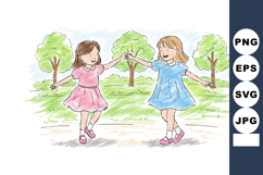 Two girls dancing holding hands in park with green trees ill Product Image 1