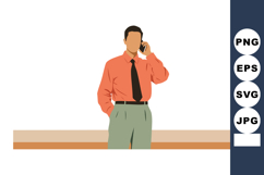 Businessman in orange shirt talking on phone with hand in po Product Image 1