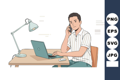 Man working on laptop talking on phone at desk with lamp and Product Image 1