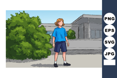 Boy standing near green bush and concrete building outdoors Product Image 1
