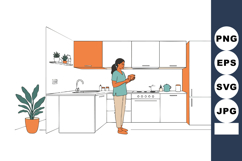Woman standing in modern kitchen with orange accents and whi Product Image 1