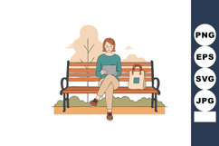 Woman sitting on park bench using laptop with shopping bags Product Image 1