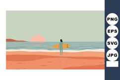 Surfer on beach holding surfboard watching sunset over ocean Product Image 1