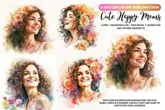 4 Happy Moms with flowers Portrait | Mother's day Watecolor Product Image 1