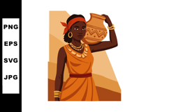 African Woman Carrying Pot Wearing Traditional Orange Dress Product Image 1