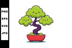 Cute bonsai tree with smiling green leaves in red pot vector Product Image 1