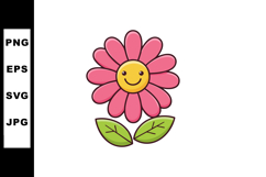 Smiling Pink Flower Cartoon Character with Green Leaves Vect Product Image 1