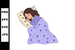 Girl Sleeping Calmly in Purple Starry Blanket on Yellow Star Product Image 1
