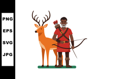 Hunter with bow and arrow standing next to deer in forest wi Product Image 1