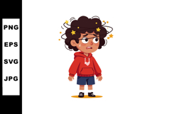 Child feeling dizzy with stars around head wearing red hoodi Product Image 1